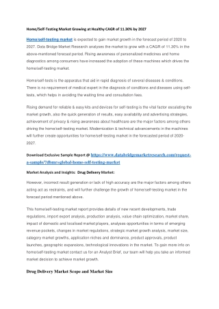Home Self-Testing Market Growing at Healthy CAGR of 11.30 by 2027