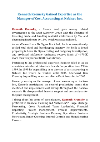 Kenneth Kremsky Gained Expertise as the Manager of Cost Accounting at Nabisco Inc.