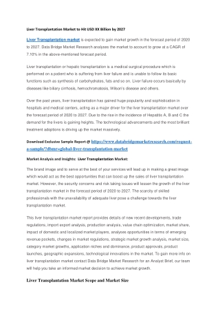 Liver Transplantation Market to Hit USD XX Billion by 2027