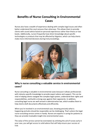 Benefits of Nurse Consulting in Environmental Cases