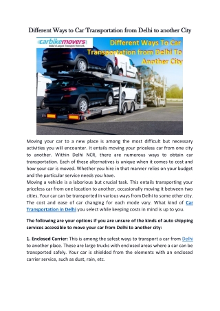 Different Ways To Car Transportation in Delhi To Another City