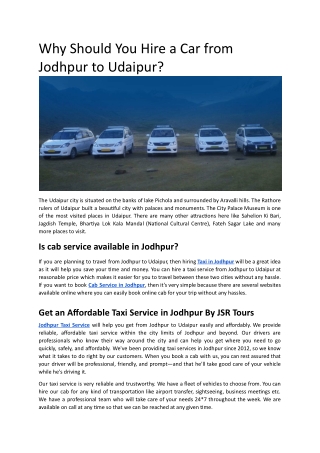 Why You Should Hire a Car from Jodhpur to Udaipur