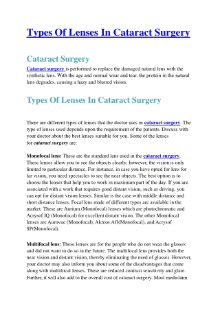 Types Of Lenses In Cataract Surgery