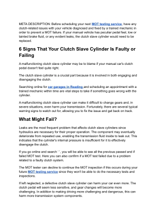 6 Signs That Your Clutch Slave Cylinder Is Faulty or Failing