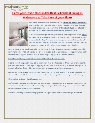 Enrol your Loved Ones in the Best Retirement Living in Melbourne to Take Care of your Elders