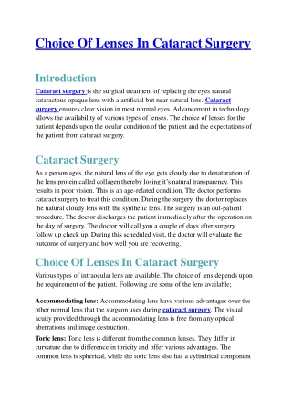 Choice Of Lenses In Cataract Surgery