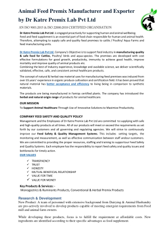 Animal Feed Premix Manufacturer and Exporter by Dr Katre Premix Lab Pvt Ltd