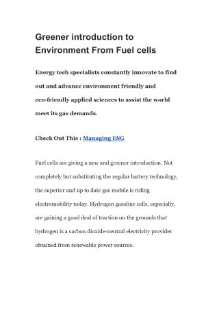 Greener introduction to Environment From Fuel cells
