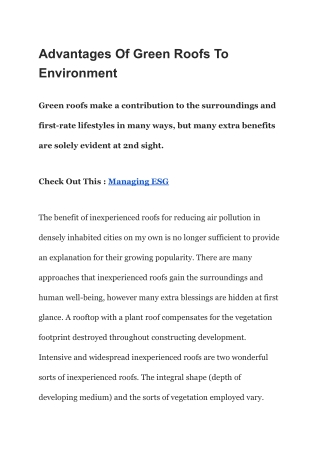 Advantages Of Green Roofs To Environment