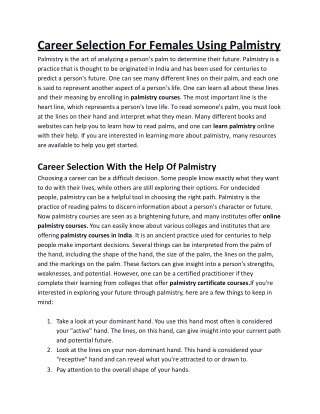 Career Selection For Females Using Palmistry