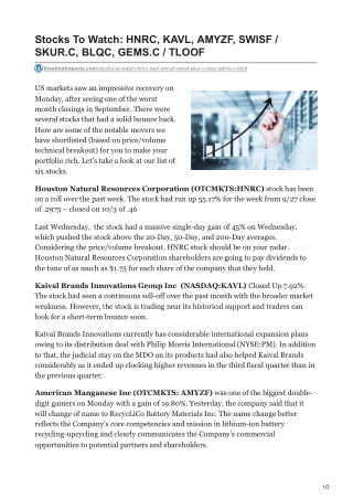 Stocks To Watch HNRC KAVL AMYZF SWISF  SKURC BLQC GEMSC  TLOOF