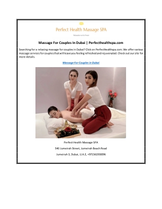 Massage For Couples In Dubai  Perfecthealthspa