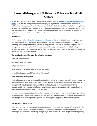 Financial Management Skills for the Public and NonFinancial Management Skills for the Public and Non-Profit Sectors