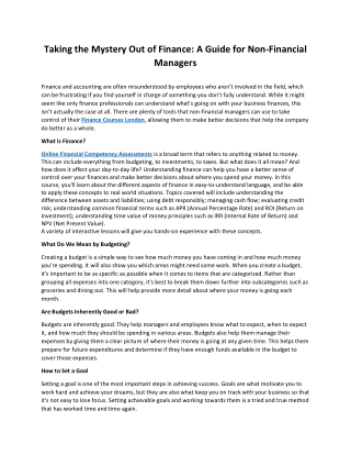 Taking the Mystery Out of Finance A Guide for Non-Financial Managers