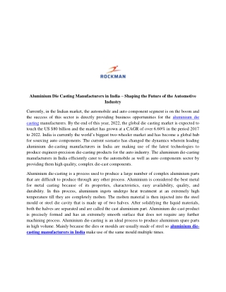 Aluminium Die Casting Manufacturers in India – Shaping the Future of the Automotive Industry