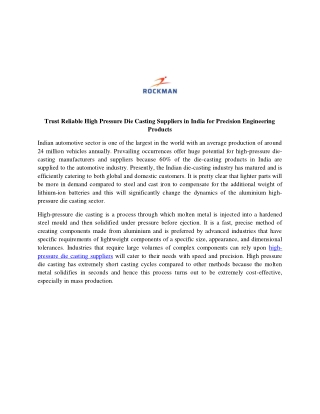 Trust Reliable High Pressure Die Casting Suppliers in India for Precision Engineering Products