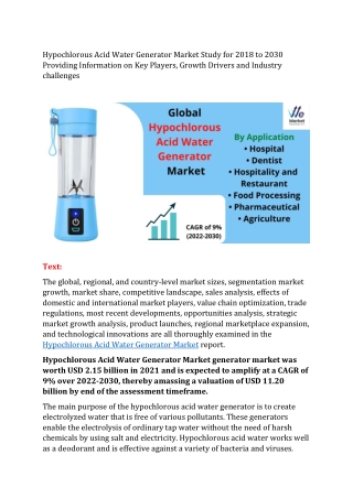 Hypochlorous Acid Water Generator Market Study for 2018 to 2030
