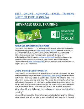 BEST ONLINE ADVANCED EXCEL TRAINING INSTITUTE IN DELHI (NOIDA).