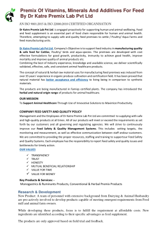 Premix of vitamins, minerals and additives for feed by Dr Katre Premix Lab Pvt Ltd