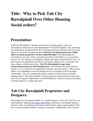 Why to Pick Tab City Rawalpindi Over Other Housing Social orders
