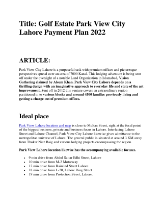 Golf Estate Park View City Lahore Payment Plan 2022