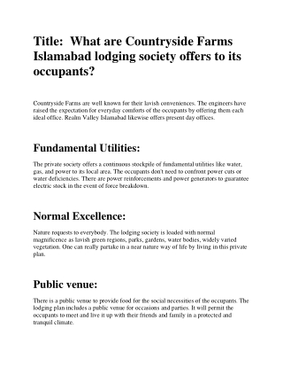 What are Countryside Farms Islamabad lodging society offers to its occupants