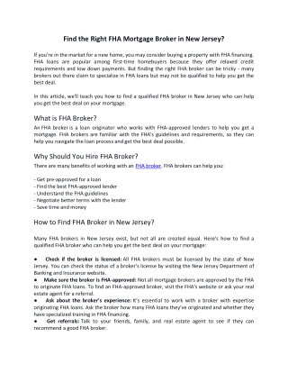 Find the Right FHA Mortgage Broker in New Jersey