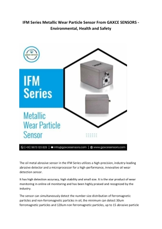 IFM Series Metallic Wear Particle Sensor From GAXCE SENSORS