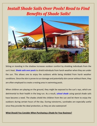 Install Shade Sails Over Pools! Read to Find Benefits of Shade Sails!