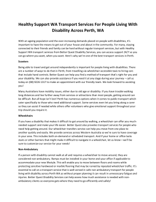 Healthy Support WA Transport Services For People Living With Disability Across Perth, WA