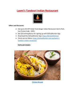 Upto 10% offer order now - Laxmi's Tandoori Indian menu