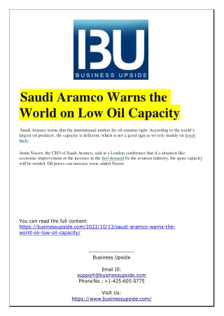 Saudi Aramco Warns the World on Low Oil Capacity