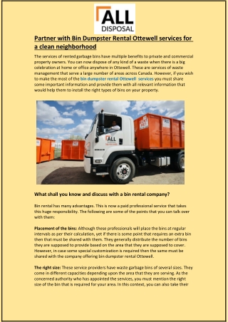 Partner with Bin Dumpster Rental Ottewell services for a clean neighborhood
