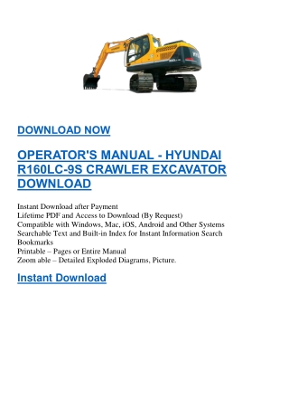 OPERATOR'S MANUAL - HYUNDAI R160LC-9S CRAWLER EXCAVATOR DOWNLOAD