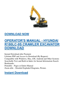 OPERATOR'S MANUAL - HYUNDAI R180LC-9S CRAWLER EXCAVATOR DOWNLOAD