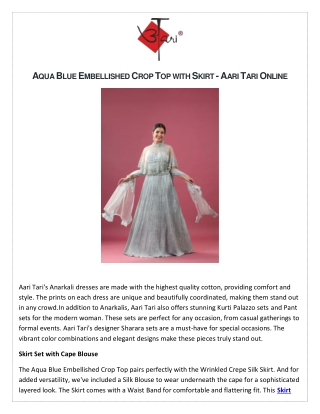 AQUA BLUE EMBELLISHED CROP TOP WITH SKIRT - AARI TARI ONLINE