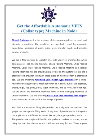 Get the Affordable Automatic VFFS (Collar type) Machine in Noida