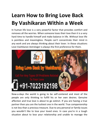 Learn How to Bring Love Back By Vashikaran Within a Week