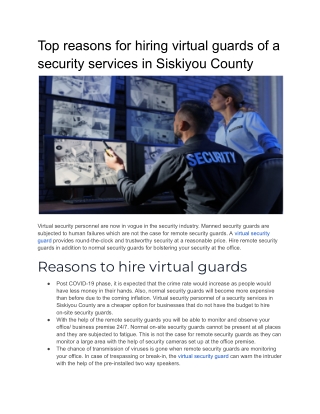 Top reasons for hiring virtual guards of a security services in Siskiyou County