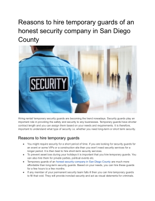 Reasons to hire temporary guards of an honest security company in San Diego County