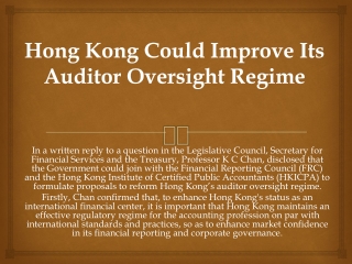 Hong Kong Could Improve Its Auditor Oversight Regime