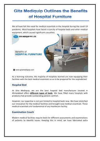 Gita Mediquip Outlines the Benefits of Hospital Furniture