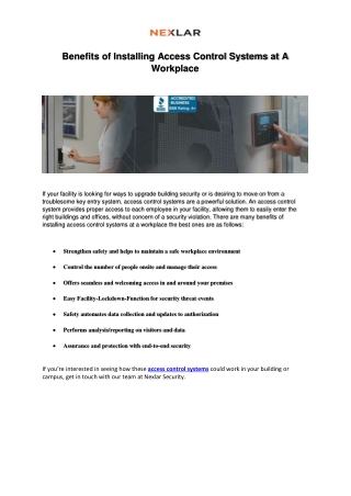 Benefits of Installing Access Control Systems at a Workplace