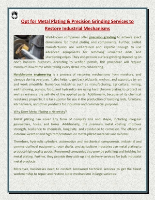 Opt for Metal Plating & Precision Grinding Services to Restore Industrial Mechanisms