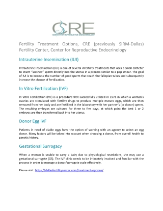 Fertility Treatment Options, CRE (previously SIRM-Dallas) Fertility Center, Center for Reproductive Endocrinology