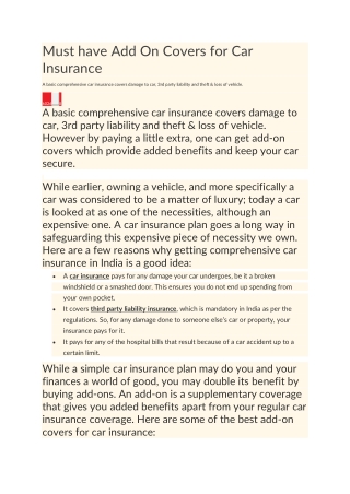 Must have Add On Covers for Car Insurance