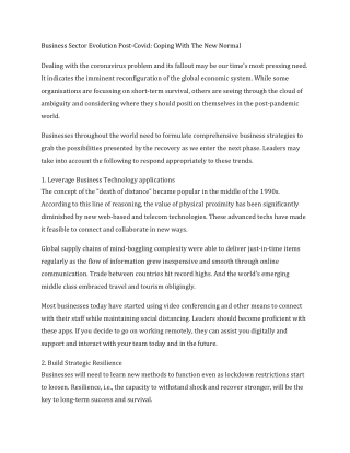 Business Sector Evolution Post-Covid Coping With The New Normal