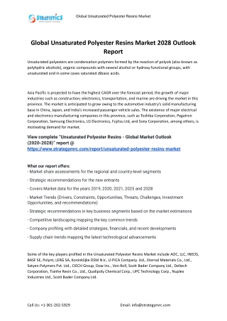 Global Unsaturated Polyester Resins market report, market size, share, trends, a