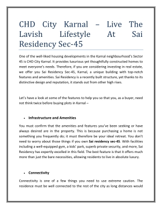 CHD City Karnal – Live The Lavish Lifestyle At Sai Residency Sec-45