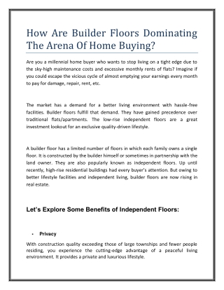How Are Builder Floors Dominating The Arena Of Home Buying